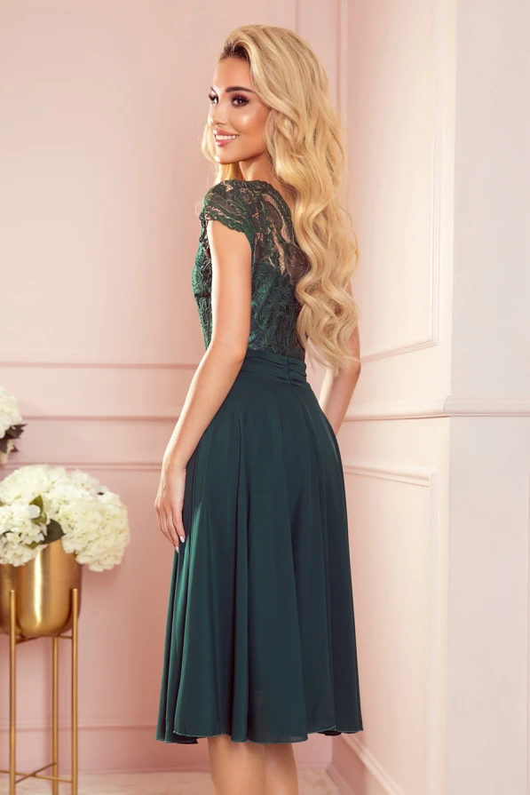 381-2 LINDA - chiffon dress with lace neckline - green