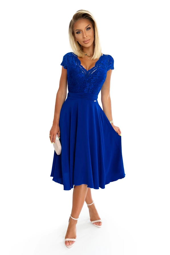 381-3 LINDA - chiffon dress with lace neckline - royal blue