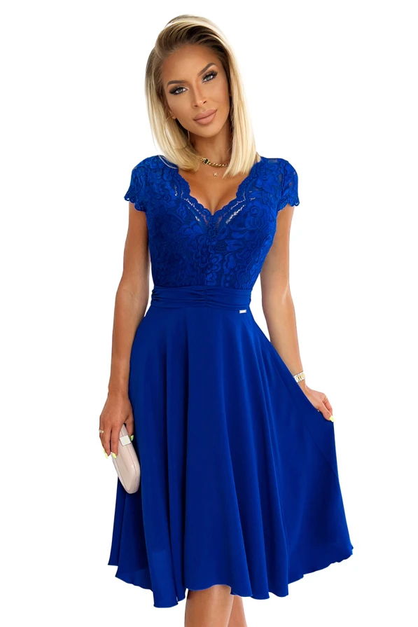 381-3 LINDA - chiffon dress with lace neckline - royal blue
