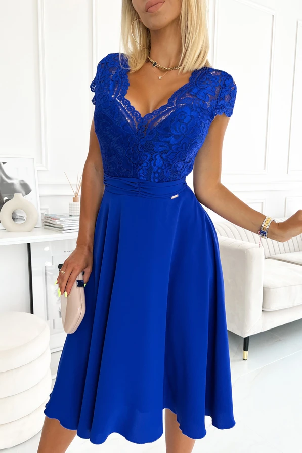 381-3 LINDA - chiffon dress with lace neckline - royal blue