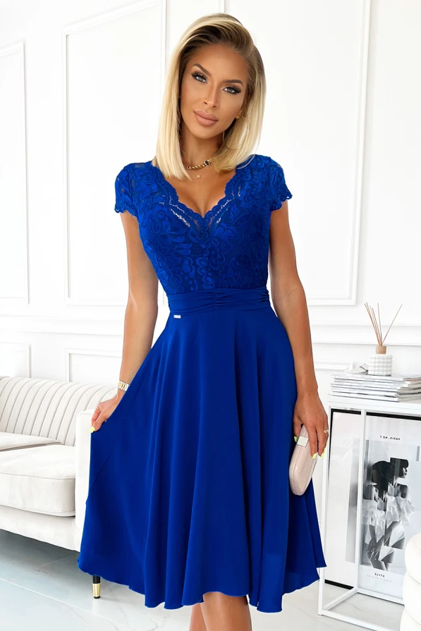 381-3 LINDA - chiffon dress with lace neckline - royal blue