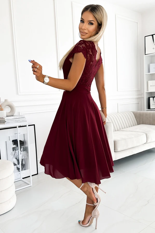 381-5 LINDA - chiffon dress with lace neckline - Burgundy color