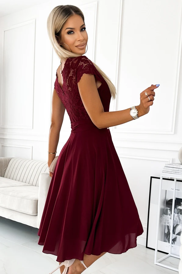 381-5 LINDA - chiffon dress with lace neckline - Burgundy color
