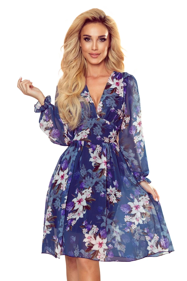 A floral chiffon dress in vibrant shades of blue and purple, featuring a deep V-neckline and long, sheer sleeves. The dress is elegantly designed with a fitted waist and a flowing skirt, perfect for a stylish and feminine look.