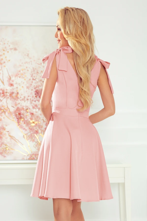 393-2 ROSALIA Feminine dress with an envelope neckline and bows - powder pink