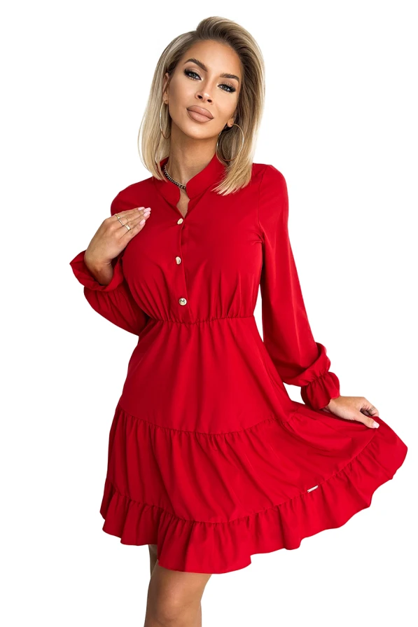 395-1 Dress with a neckline and golden buttons - red