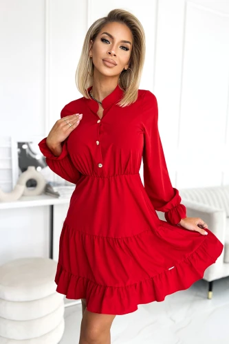 395-1 Dress with a neckline and golden buttons - red