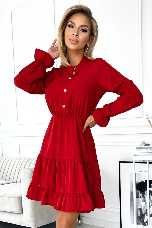 395-1 Dress with a neckline and golden buttons - red