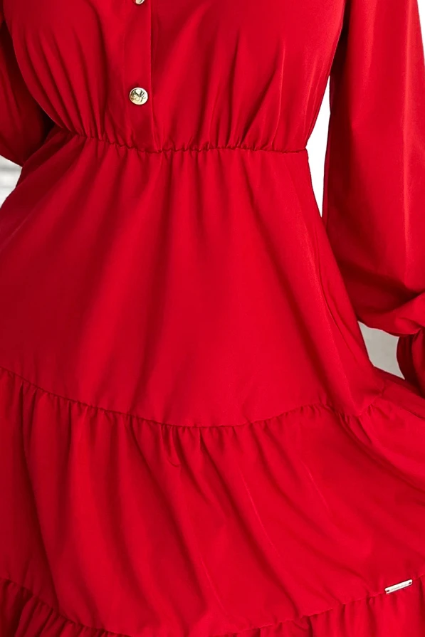 395-1 Dress with a neckline and golden buttons - red
