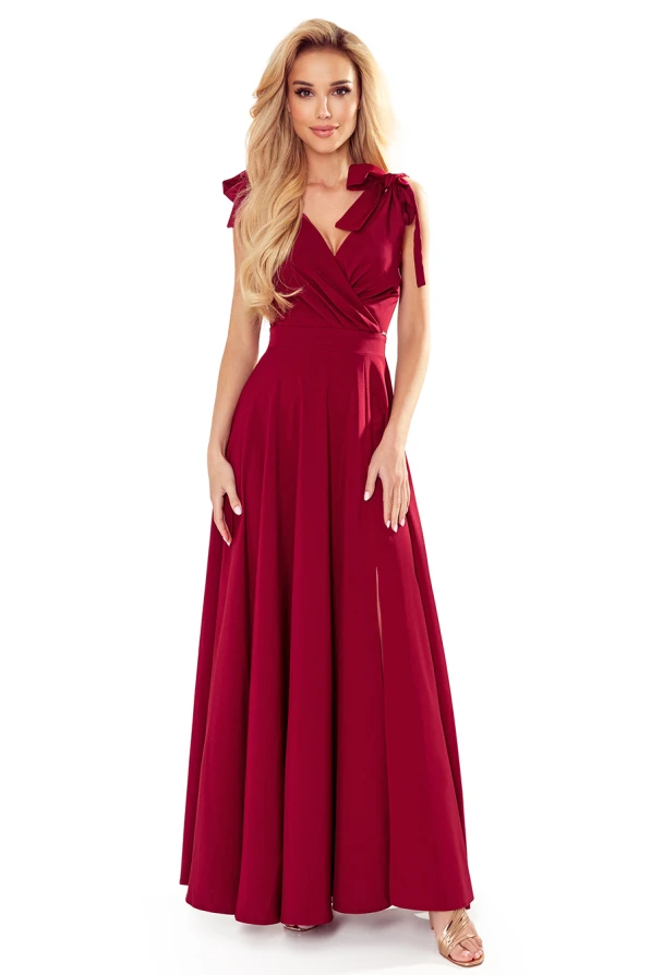 405-1 ELENA Long dress with a neckline and ties on the shoulders - Burgundy color