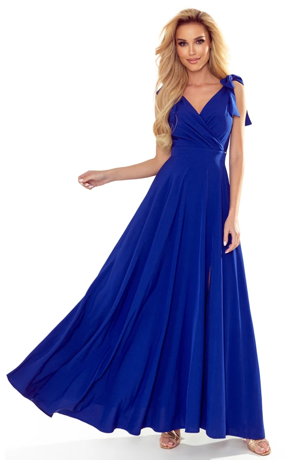 405-2 ELENA Long dress with a neckline and ties on the shoulders - blue