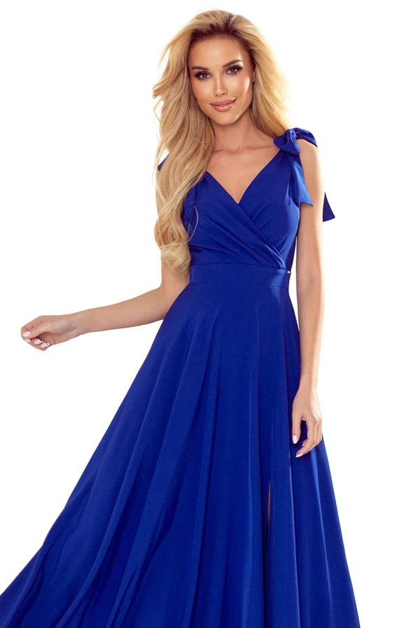 405-2 ELENA Long dress with a neckline and ties on the shoulders - blue