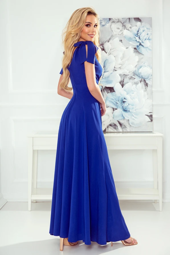 405-2 ELENA Long dress with a neckline and ties on the shoulders - blue