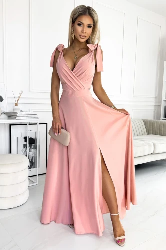 405-3 ELENA Long dress with a neckline and ties on the shoulders - dirty pink