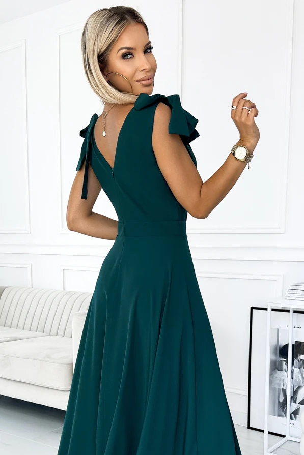 405-4 ELENA Long dress with a neckline and ties on the shoulders - GREEN