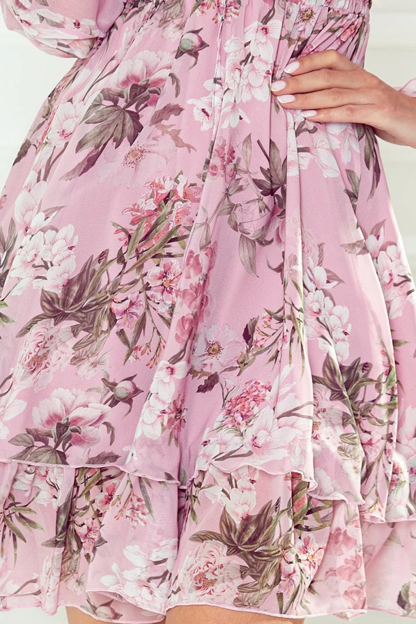 410-1 MONICA chiffon dress with a tied neckline - dirty pink + flowers