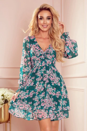 410-2 MONICA chiffon dress with a tied neckline - pink flowers on a green background