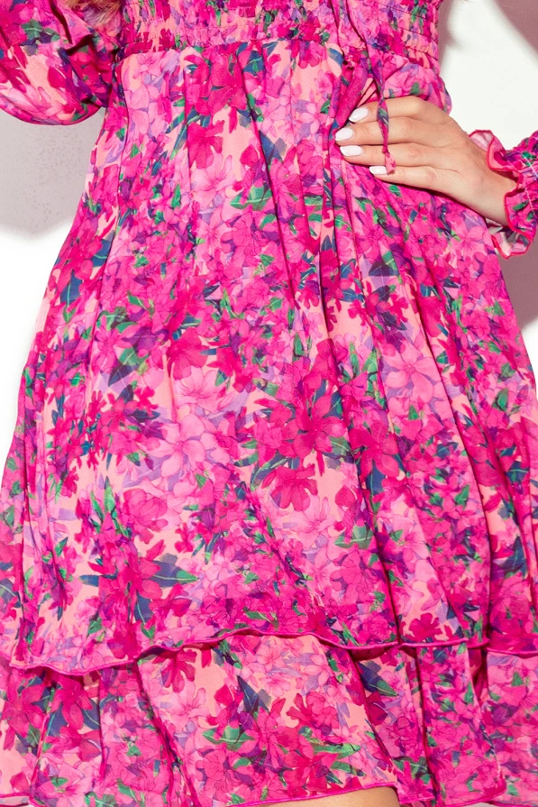 410-3 MONICA chiffon dress with a tied neckline - pink flowers