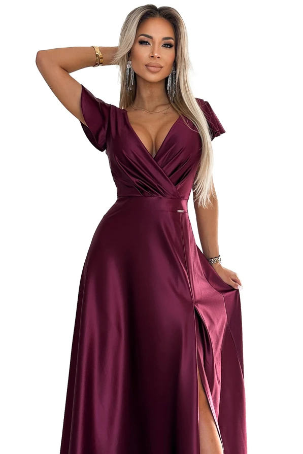 CRYSTAL satin long dress with a neckline - Burgundy color