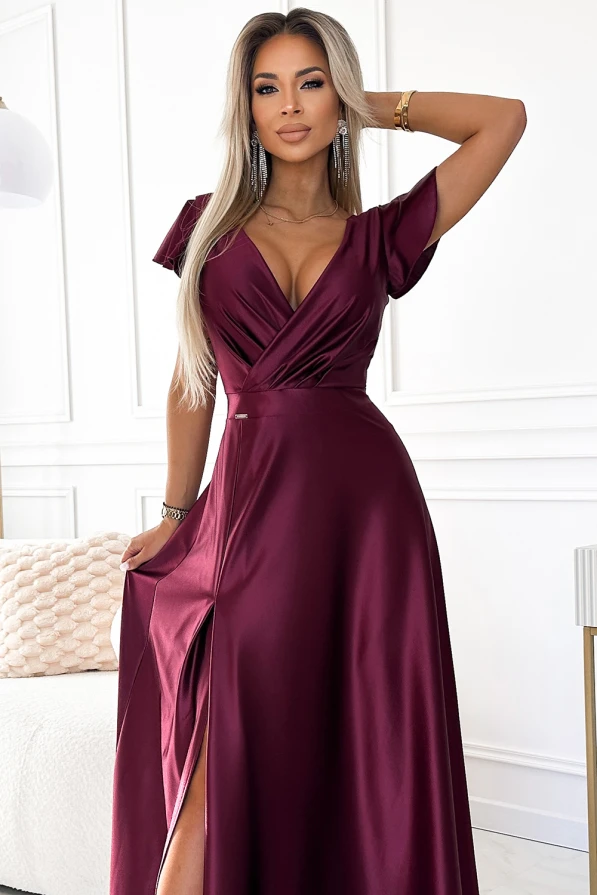 CRYSTAL satin long dress with a neckline - Burgundy color