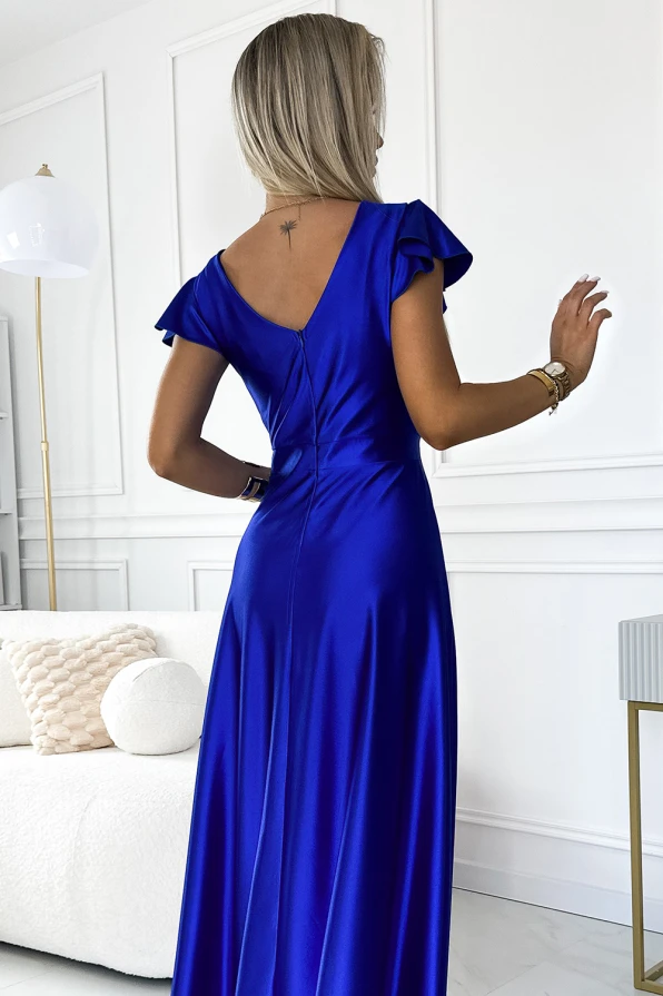 411-11 CRYSTAL satin long dress with a neckline - royal blue