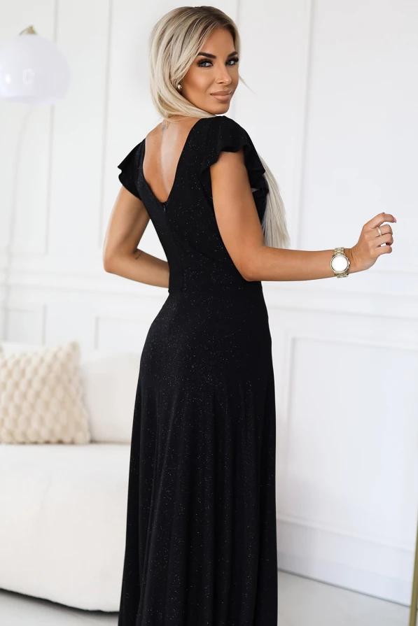 A shimmering black evening gown with a deep V-back and flutter sleeves, perfect for elegant occasions. The dress features a flowing silhouette that adds a touch of sophistication and glamour.