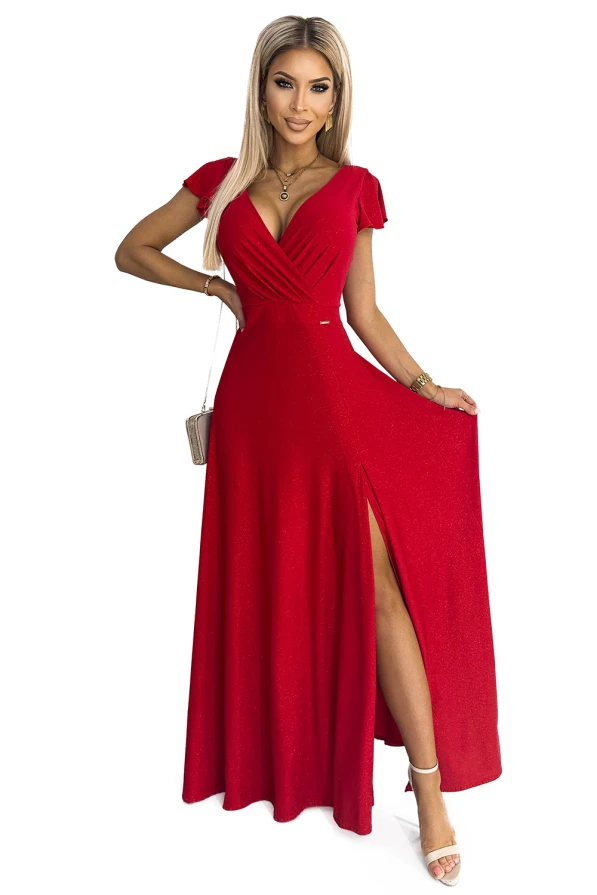 411-2 CRYSTAL long shimmering dress with a neckline - red