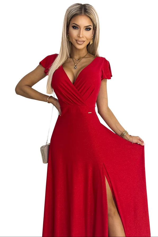 411-2 CRYSTAL long shimmering dress with a neckline - red