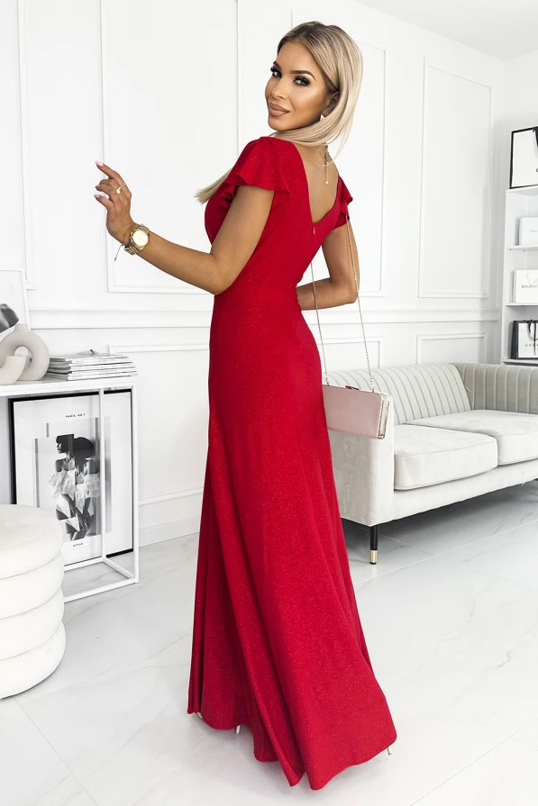 411-2 CRYSTAL long shimmering dress with a neckline - red