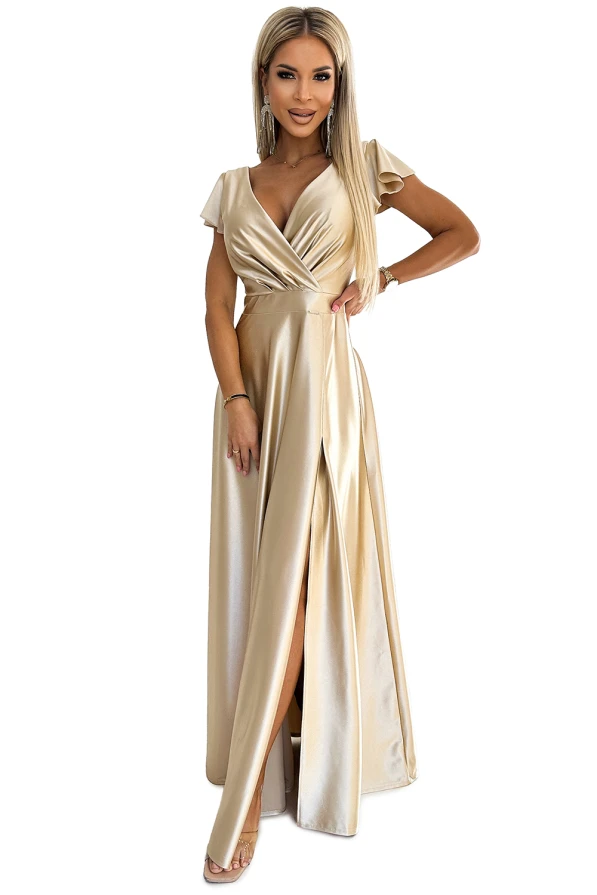 411-7 CRYSTAL satin long dress with a neckline - gold