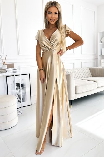 411-12 CRYSTAL long shimmering dress with a neckline - black