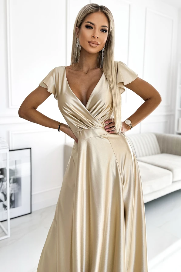 411-7 CRYSTAL satin long dress with a neckline - gold