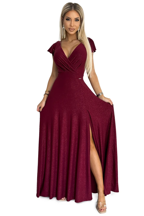 411-8 CRYSTAL long shimmering dress with a neckline - Burgundy color