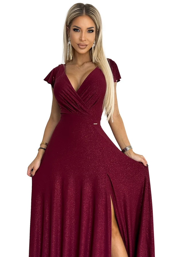 411-8 CRYSTAL long shimmering dress with a neckline - Burgundy color