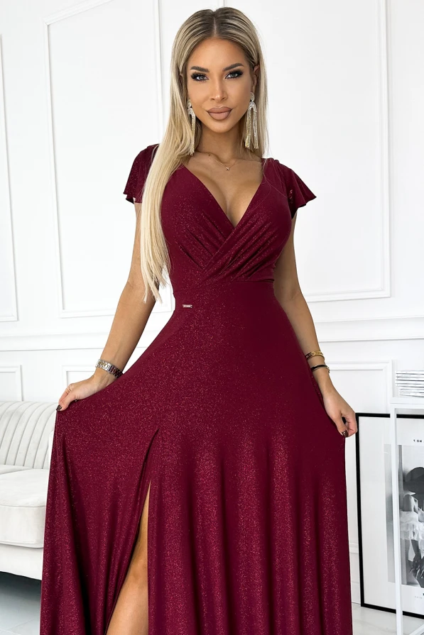 411-8 CRYSTAL long shimmering dress with a neckline - Burgundy color