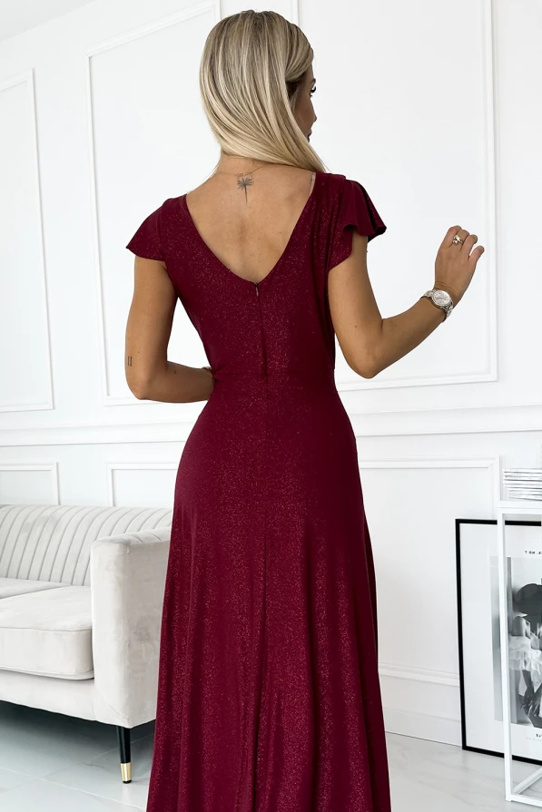 411-8 CRYSTAL long shimmering dress with a neckline - Burgundy color