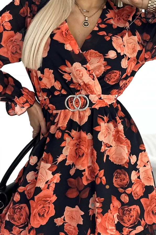 413-1 ROSETTA Feminine dress with an envelope neckline and a belt - orange roses