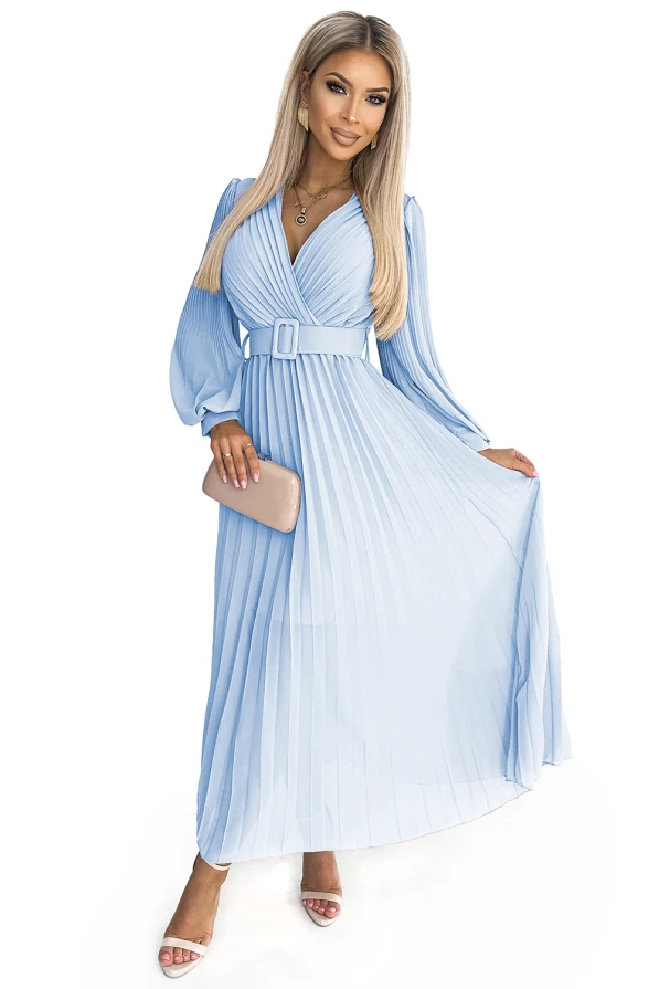 KLARA pleated dress with a belt and a neckline - light blue color