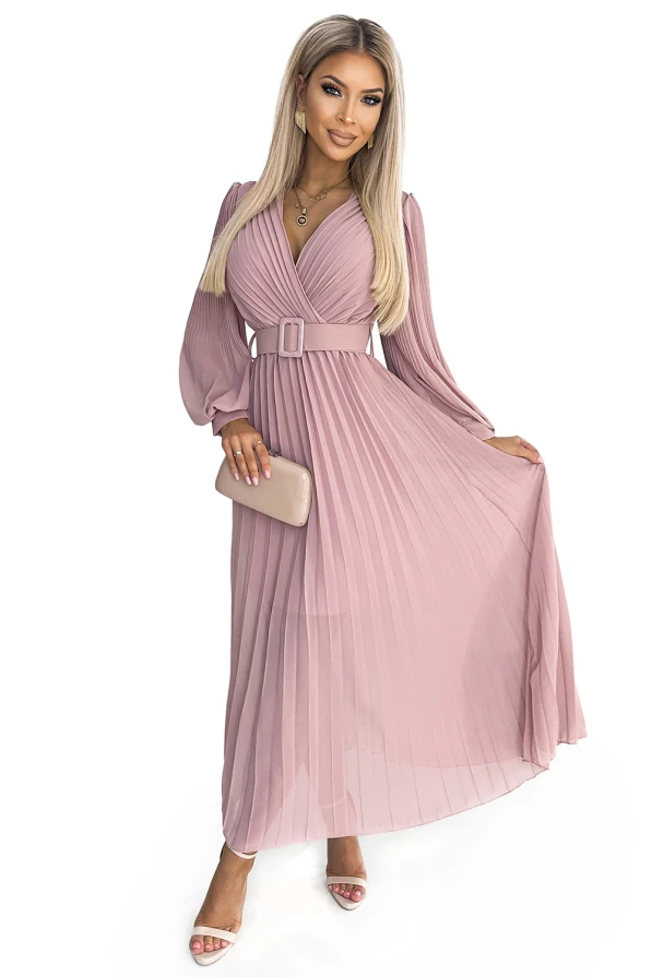 414-2 KLARA pleated dress with a belt and a neckline - powder pink