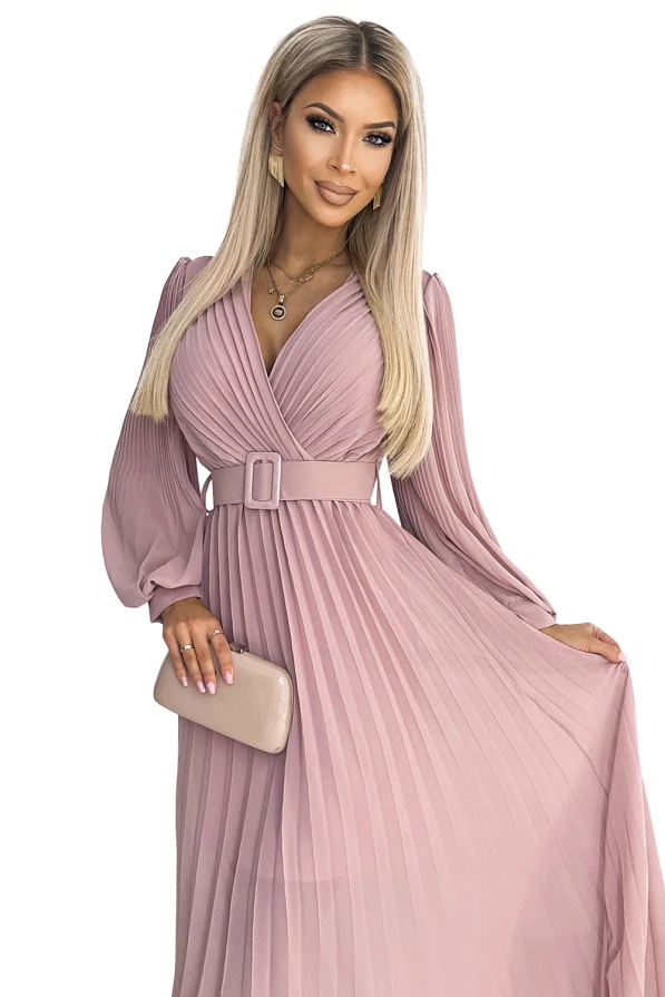 414-2 KLARA pleated dress with a belt and a neckline - powder pink