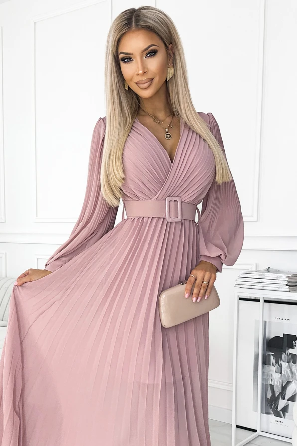 414-2 KLARA pleated dress with a belt and a neckline - powder pink