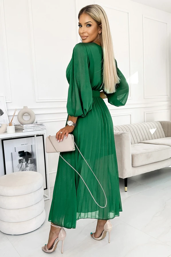 414-3 KLARA pleated dress with a belt and a neckline - green