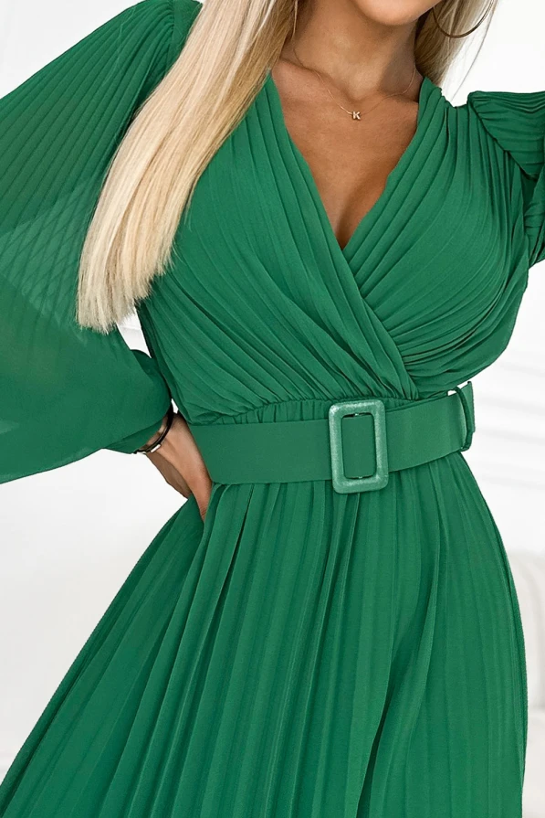 414-3 KLARA pleated dress with a belt and a neckline - green