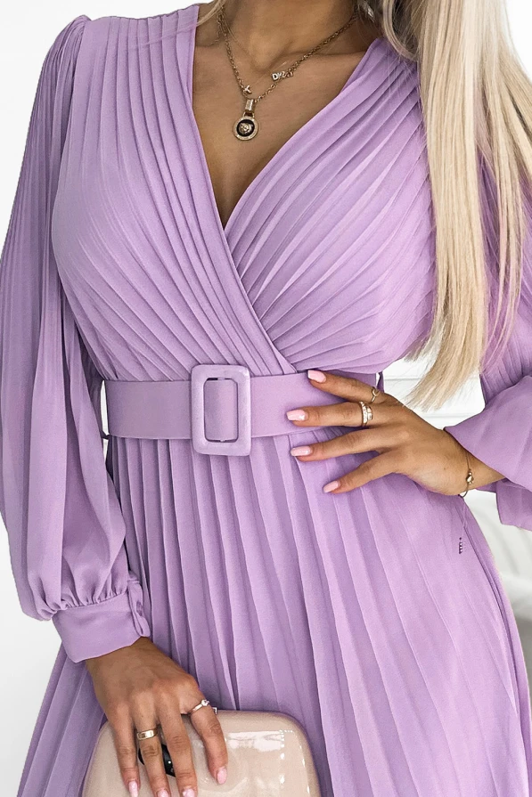 414-6 KLARA pleated dress with a belt and a neckline - lilac color
