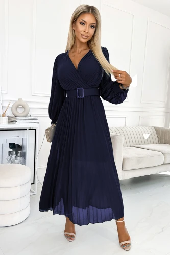 414-7 KLARA pleated dress with a belt and a neckline - navy blue