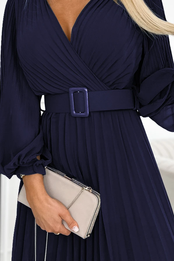 414-7 KLARA pleated dress with a belt and a neckline - navy blue