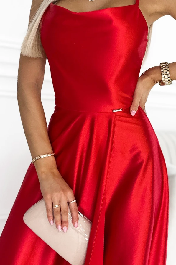 419-1 PERLA satin long dress with a neckline on the back - red