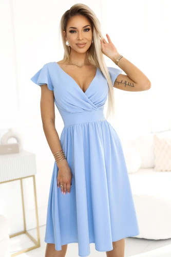 A light blue dress with a flattering V-neckline and short flutter sleeves, featuring a fitted bodice and a flowing A-line skirt. The dress is made from a soft, elegant fabric, perfect for both casual and formal occasions.}