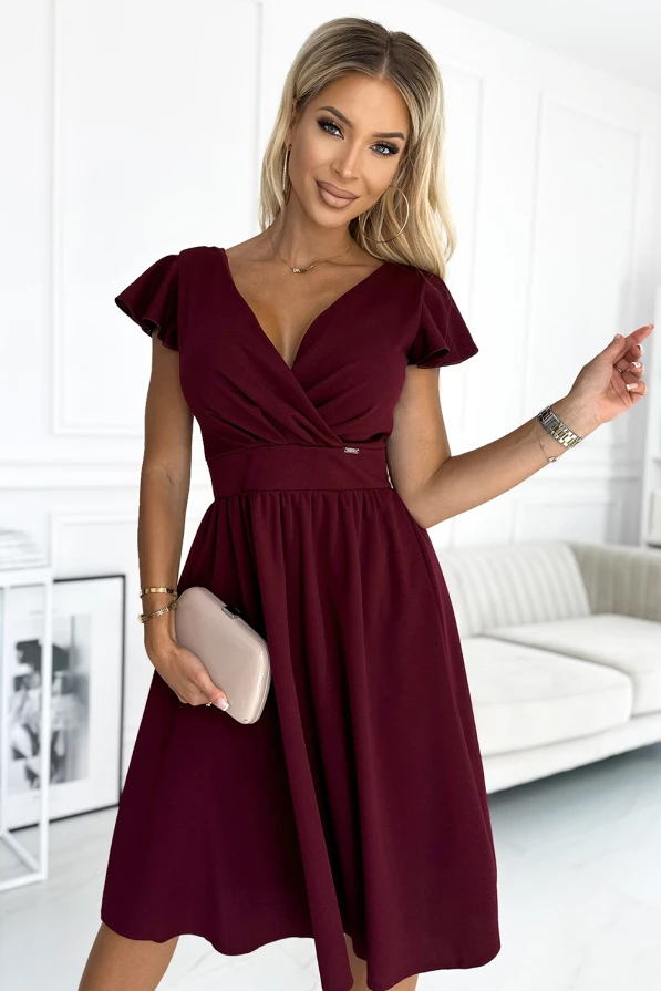 425-4 MATILDE Dress with a neckline and short sleeves - Burgundy color