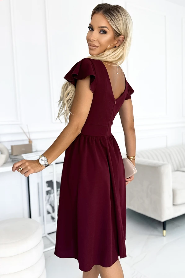 425-4 MATILDE Dress with a neckline and short sleeves - Burgundy color